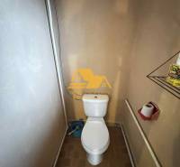 Badezimmer in einem Einfamilienhaus mit Toilette, Dusche und braunen Fliesen.