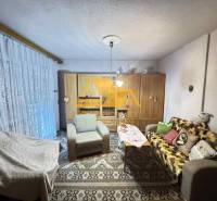 Wohnzimmer in einem Einfamilienhaus mit Sofa, Teppich und Schränken mit Dekorationen.