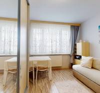 Wohnzimmer in einer 3-Zimmer-Wohnung mit Sofa, Tisch und Holzboden.