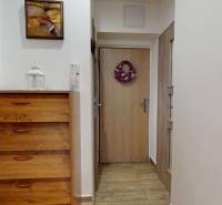 Der Flur in der 3-Zimmer-Wohnung mit einer Kommode, einem Boden in Holzoptik und einer dekorativen Verzierung an der Tür.