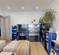 Wohnzimmer mit Sofa, blauer Wohnwand und Boden mit Holzdekor in einer 3-Zimmer-Wohnung.