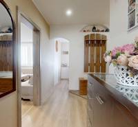 Der Flur einer 3-Zimmer-Wohnung mit einem Spiegel, Holzelementen und einer dekorativen Pflanze auf der Kommode.