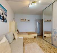 Ein Zimmer mit einem Sofa, einem Bett, einem Schrank mit Spiegel und einem Boden in Holzoptik.