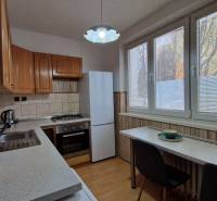 Küche in einer 2-Zimmer-Wohnung mit Geräten und Boden in Holzoptik.