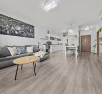 Wohnzimmer in einer Zweizimmerwohnung mit Holzboden, grauem Sofa und Pflanzen.