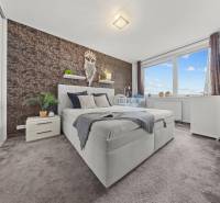 Schlafzimmer in einer 2-Zimmer-Wohnung mit Doppelbett, Teppichboden und dekorativer Wand.