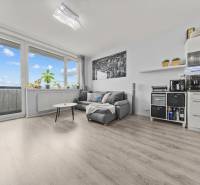 Wohnbereich einer 2-Zimmer-Wohnung mit Sofa, Tisch und Boden in Holzoptik.