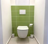 Toilette mit weißen und grünen Fliesen in einer 3-Zimmer-Wohnung.