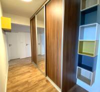 In der 3-Zimmer-Wohnung sieht man einen Einbauschrank, einen Boden mit Holzdekor und Regale.