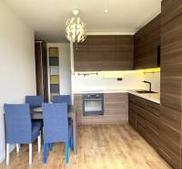 Küche in einer 3-Zimmer-Wohnung mit Esstisch, moderner Beleuchtung und Boden mit Holzdekor.