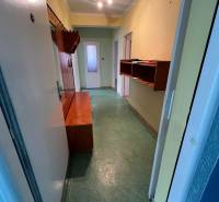 Der Flur in der 3-Zimmer-Wohnung mit Einbaumöbeln und grünem Boden.