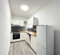 Küche in einer Einzimmerwohnung mit schwarzen Fliesen und einem Boden in Holzoptik.