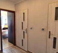 Flur mit Türen in einer 2-Zimmer-Wohnung, Boden mit Holzdekor, Zimmer links.