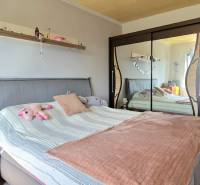 Schlafzimmer in einer 2-Zimmer-Wohnung mit einem Spiegelschrank und einem gepolsterten Bett.