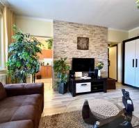 Wohnzimmer in einer Einzimmerwohnung mit Pflanzen und Holzboden.