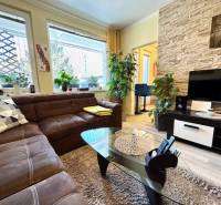 Wohnzimmer in einer Einzimmerwohnung mit braunem Sofa und Boden in Holzoptik.