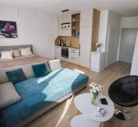 Einzimmerwohnung mit Bett, Sofa, Küchenzeile und Boden in Holzoptik.