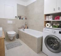 Badezimmer in einer Einzimmerwohnung mit Badewanne, Waschmaschine und Toilette, ergänzt durch Stauraum.