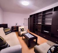 Wohnzimmer mit Sofa, Sessel, dunklen Möbeln und Boden mit Holzdekor in einer 2-Zimmer-Wohnung.