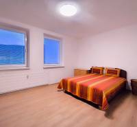 Schlafzimmer in einer 2-Zimmer-Wohnung mit Doppelbett, Holzboden und einfacher Einrichtung.