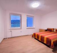 Schlafzimmer mit einem farbigen Bett und einem Holzboden in einer 2-Zimmer-Wohnung.