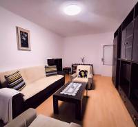 Wohnzimmer mit Sofa, dekorativen Kissen und Holzboden in einer Zweizimmerwohnung.