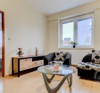 Wohnzimmer in einer 2-Zimmer-Wohnung mit einer Couchgarnitur und einem Tisch mit dekorativem Element.