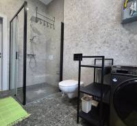 Badezimmer in einer Einzimmerwohnung mit Duschkabine, Waschmaschine und Aufbewahrungsregal.