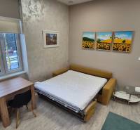 Ein Zimmer mit einem ausziehbaren Sofa, einem Tisch und einem Sessel, Boden mit Holzdekor.