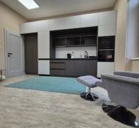 Küche in einer Einzimmerwohnung mit Holzboden und einem bequemen Sessel.