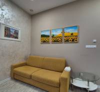 Wohnzimmer einer Einzimmerwohnung, mit Sofa und Bildern, auf einem Boden mit Holzdekor.