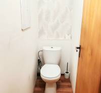 Toilette in einer 3-Zimmer-Wohnung mit weißen Wänden und einem Boden in Holzoptik.