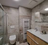 Badezimmer in einer 2-Zimmer-Wohnung mit moderner Sanitäranlage und Wänden mit grauem Muster.