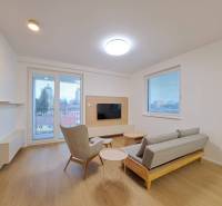 Wohnzimmer in einer 2-Zimmer-Wohnung mit Holzboden, Fernseher und Ausblick.