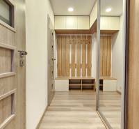 Innenraum einer Einzimmerwohnung mit Holzboden, Schränken und einer Garderobenwand.