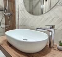 Badezimmer in einer Einzimmerwohnung mit einem Waschbecken auf Holzdekor und einer modernen Armatur.