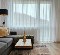 Ein stilvoller Wohnbereich in einer Einzimmerwohnung mit einem Sofa und einem Tisch auf einem Boden mit Holzdekor.