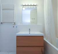 Badezimmer in einer 2-Zimmer-Wohnung mit Waschbecken, Spiegel und Badewanne.