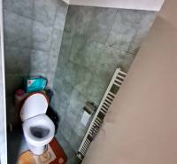 Badezimmer mit Toilette in einem Einfamilienhaus, gefliest mit grünlichen Fliesen.