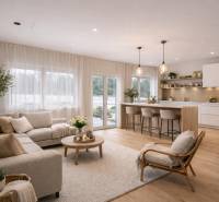 Wohnzimmer und Küche in einem Einfamilienhaus mit Holzboden, bequemen Möbeln.