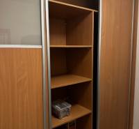 Ein Kleiderschrank mit Schiebetüren und Regalen in einer Einzimmerwohnung.