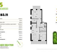 Grundriss einer 3-Zimmer-Wohnung mit Terrasse und Abstellräumen, Wohnung B3.11.