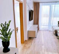 Innenraum einer 3-Zimmer-Wohnung mit Holzboden, Fernseher und Vorhängen.