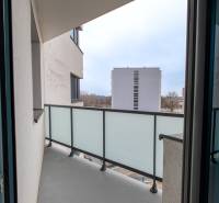 Balkon in einer 2-Zimmer-Wohnung mit Blick auf die umliegenden Gebäude durch ein Glasgeländer.