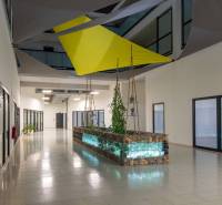 Flur mit Pflanzen und geometrischen Vorhängen in einer Zweizimmerwohnung.