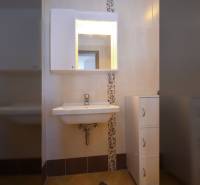 Badezimmer mit Waschbecken, Spiegel und Aufbewahrungsschrank in einer Zweizimmerwohnung.