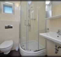 Badezimmer in einer 2-Zimmer-Wohnung mit Toilette, Dusche und Waschbecken.