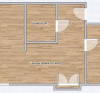 Grundriss einer 2-Zimmer-Wohnung mit Holzboden, Badezimmer, Küche und Balkon.