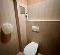 Toalett mit Fliesen im Büro, mit Reinigungsmittel und Toilettenpapierspender.