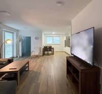 Wohnzimmer in einer 3-Zimmer-Wohnung mit Sofa, Fernseher und Boden in Holzoptik.